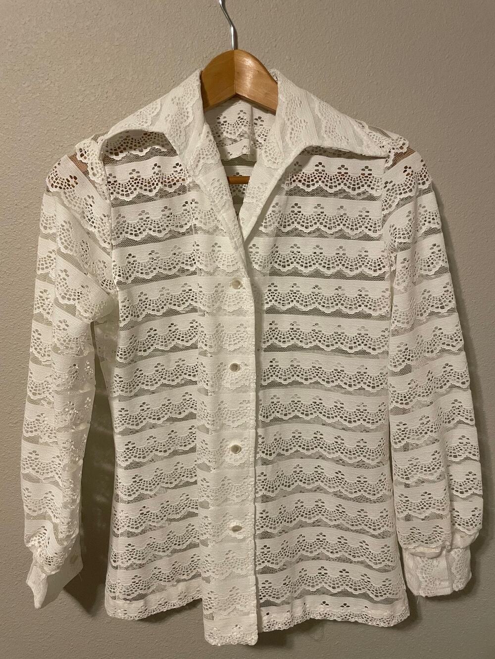 Womens Button Up Top Small White Lace Sheer Long Sleeve Romantic Boho READ